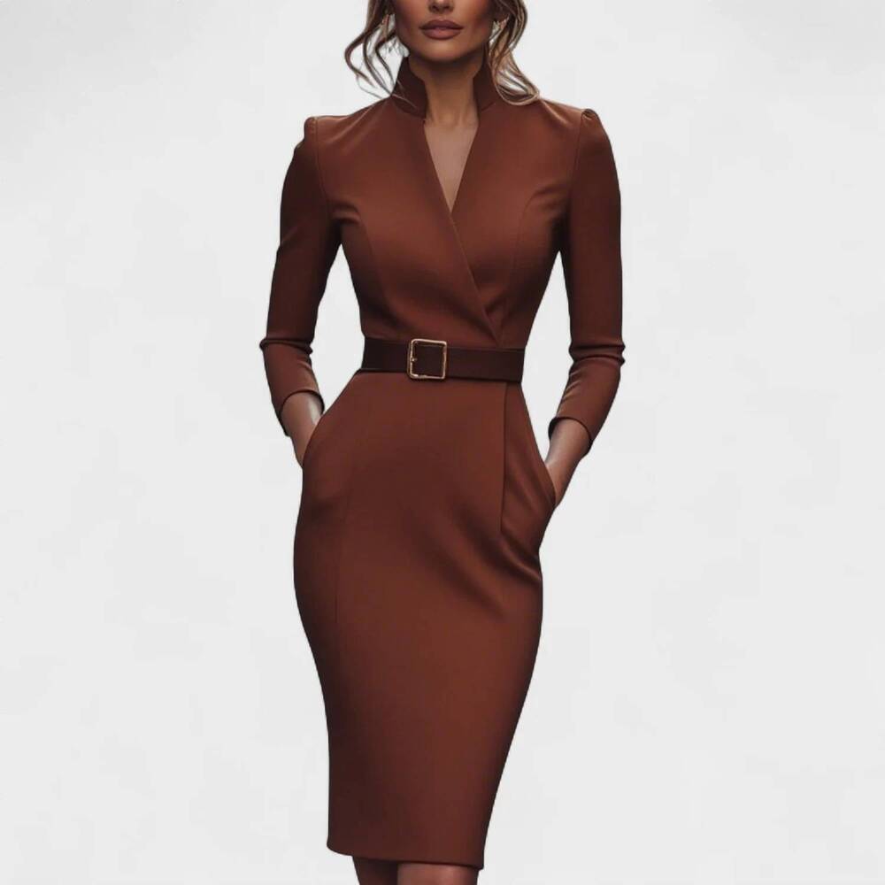 NEW ROSA CLOTHING refined belted sheath dress in brown
